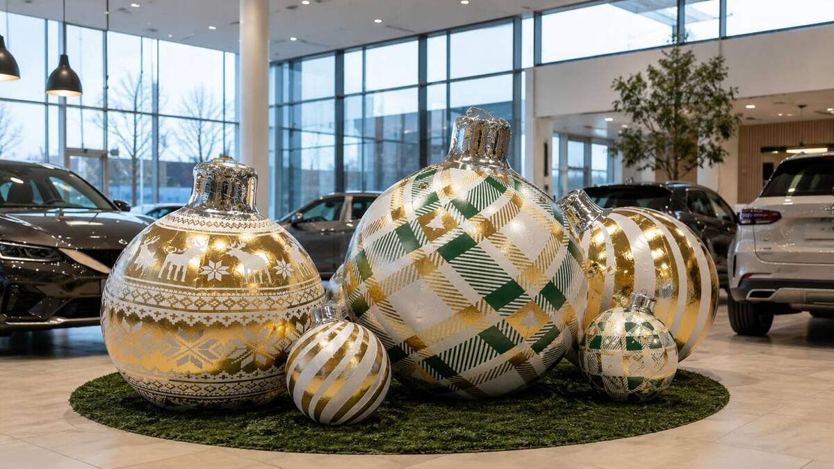 Boules de Noël dorées installées dans une concession automobile