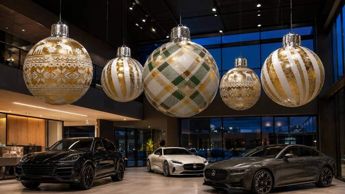 Boules de Noël dorées suspendues au-dessus de véhicules