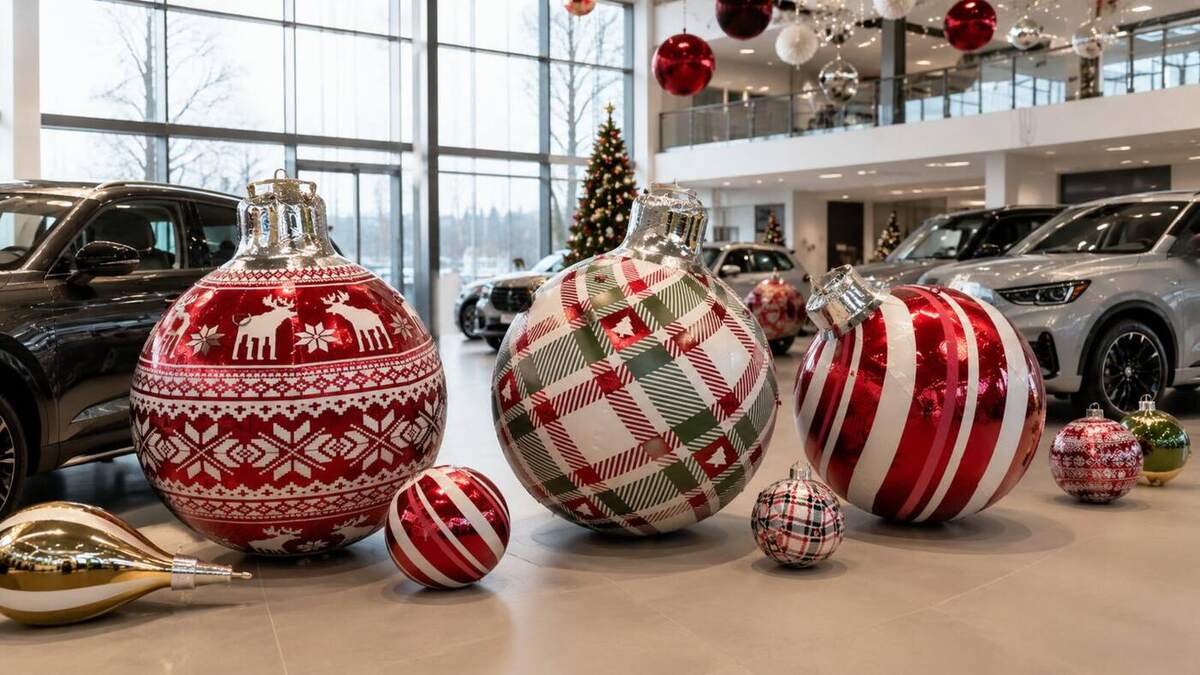 Boules de Noël rouges et imprimées dans un showroom