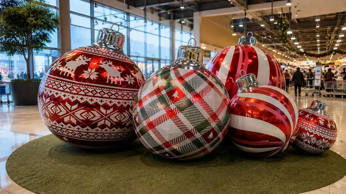 Grandes boules de Noël rouges disposées au sol