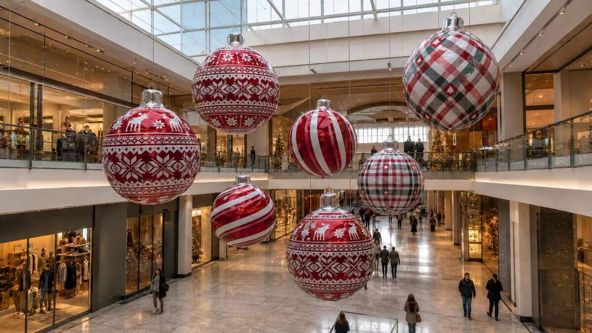 Boules de Noël rouges suspendues dans une galerie commerciale