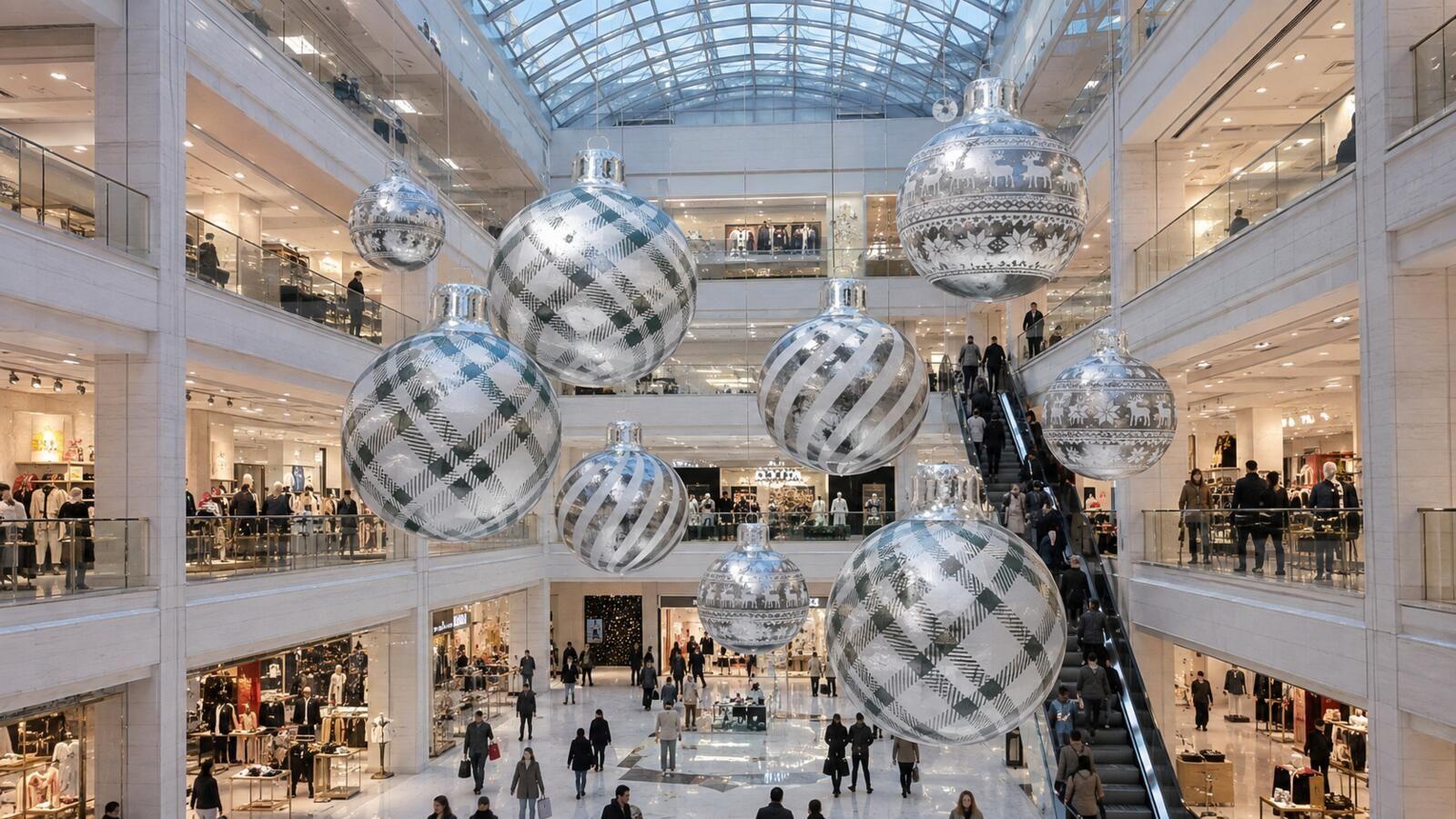 Boules de Noël argentées suspendues dans une galerie commerciale