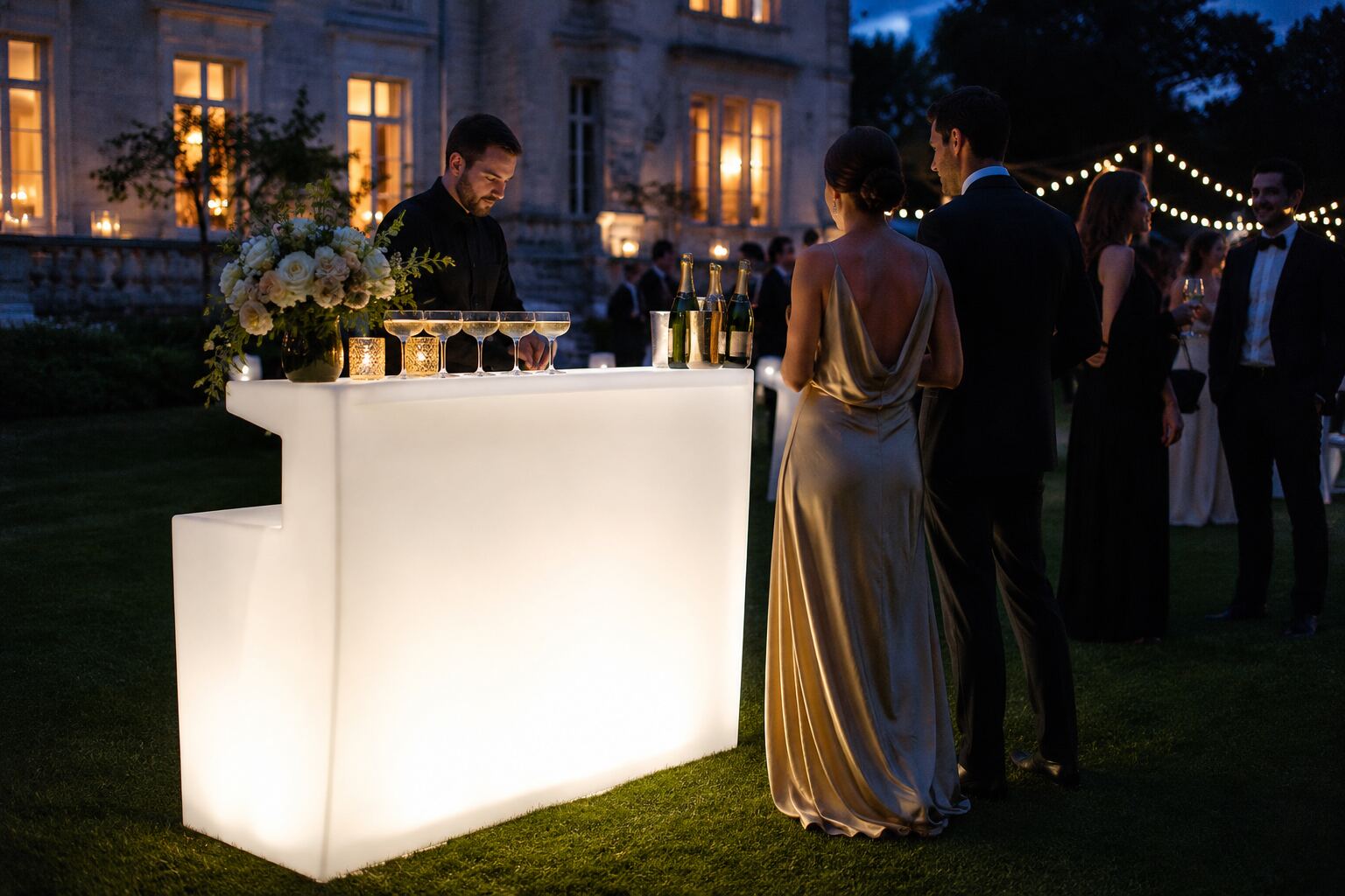 Bar lumineux droit blanc utilisé pendant un mariage
