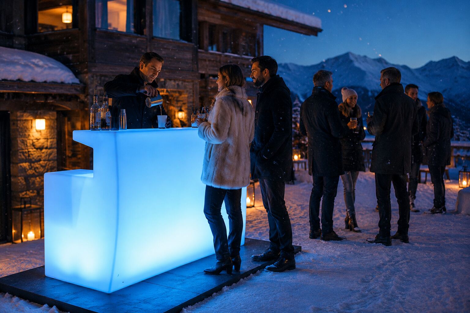 Bar lumineux droit blanc installé en montagne