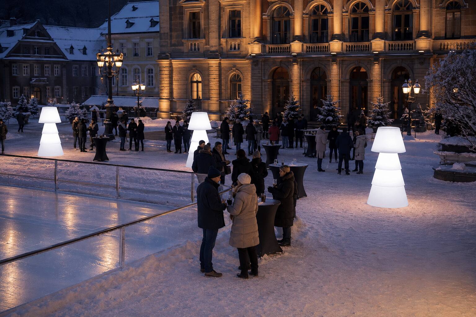 Lampadaires lumineux installés sur une place publique enneigée