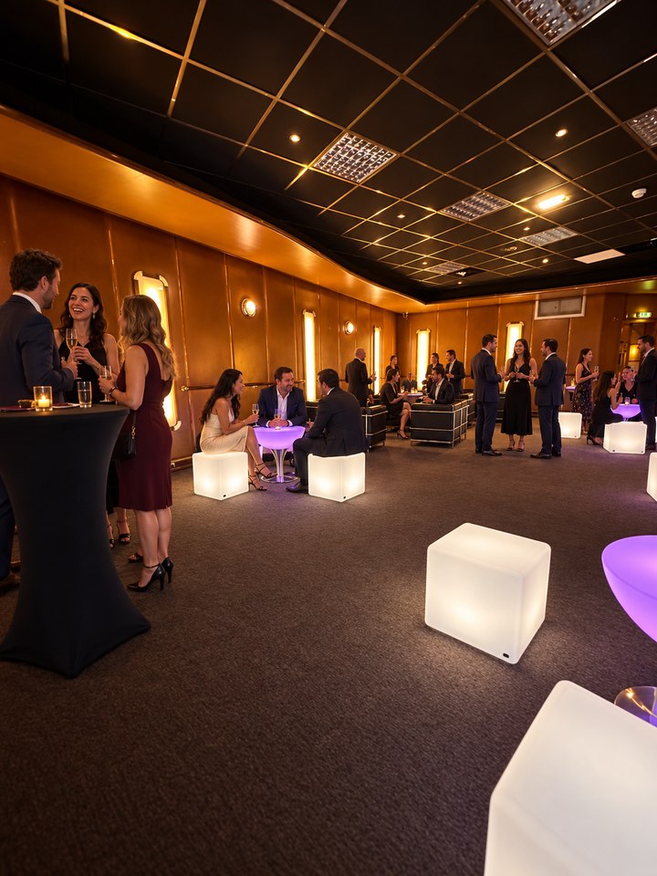 Invités dans une salle de réception aménagée avec tables Lounge lavande et cubes perle