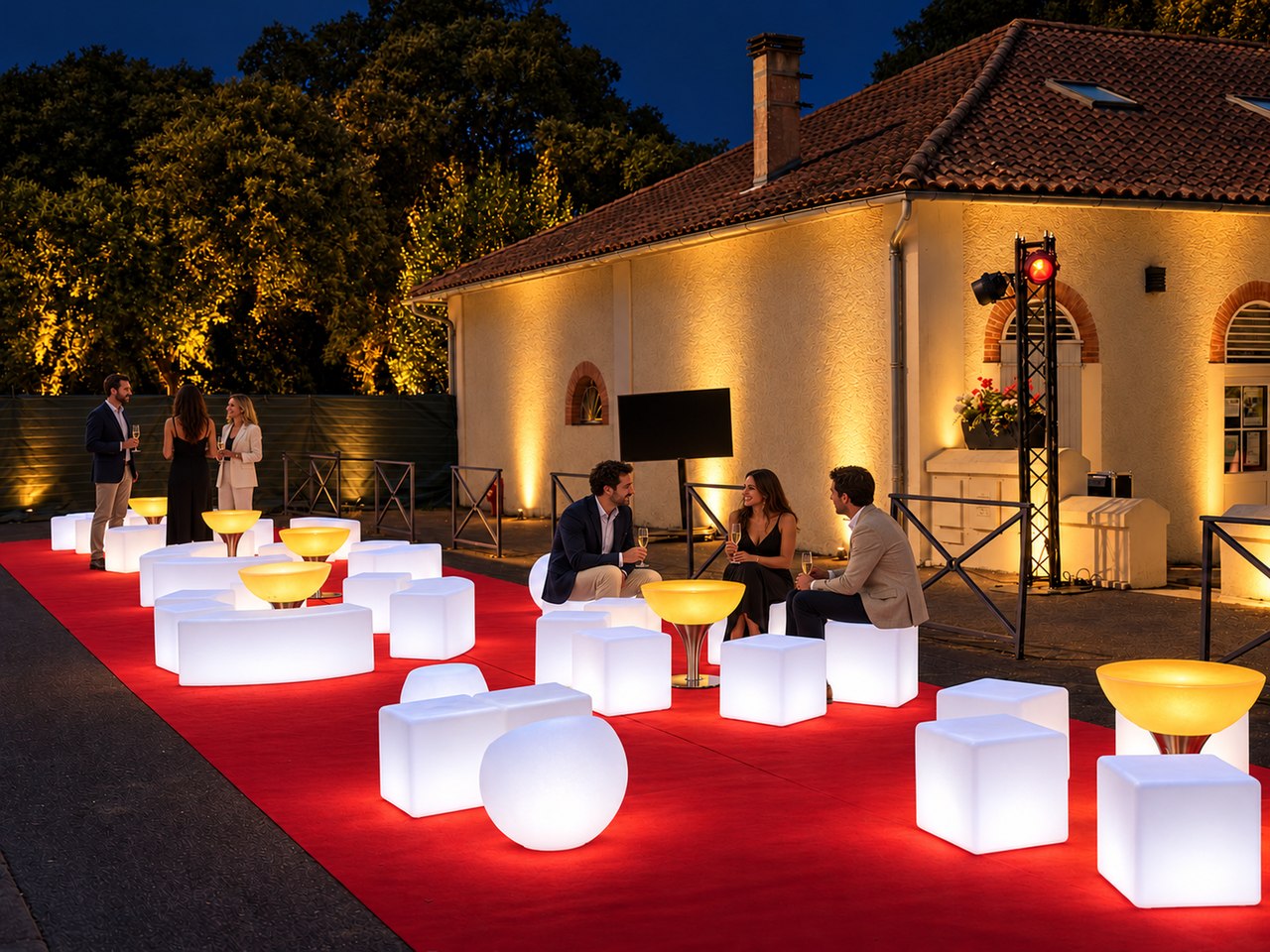 Tables Lounge ambrées sur pied en inox, cubes blancs et public en extérieur