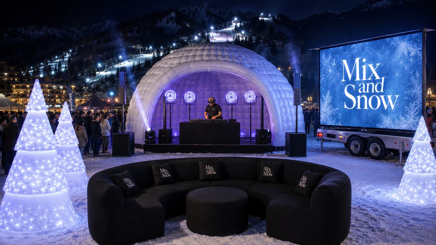 Concept Mix et Snow avec igloo DJ, écran LED et salon FATPOP au pied des pistes