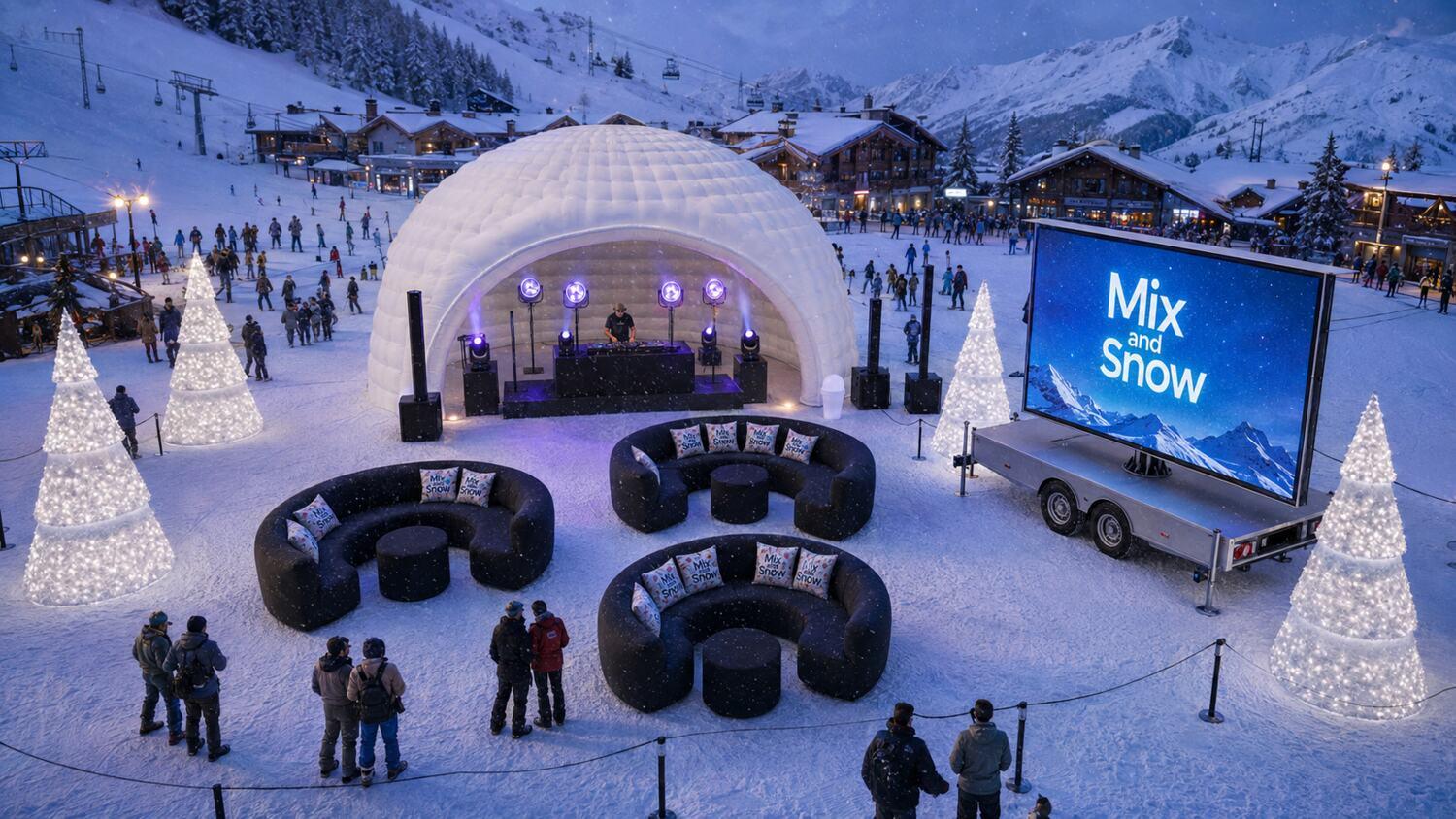 Vue aérienne du village Mix et Snow avec igloo, écran LED et espaces FATPOP