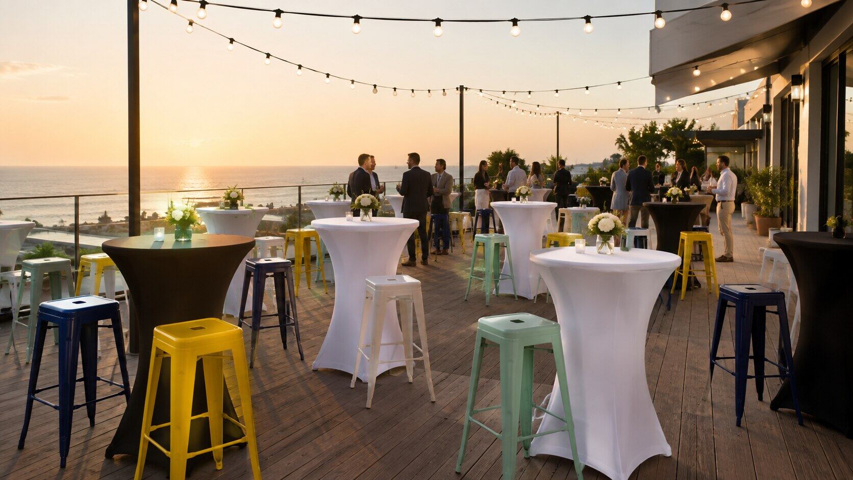 Mobilier cocktail sur un rooftop au coucher du soleil