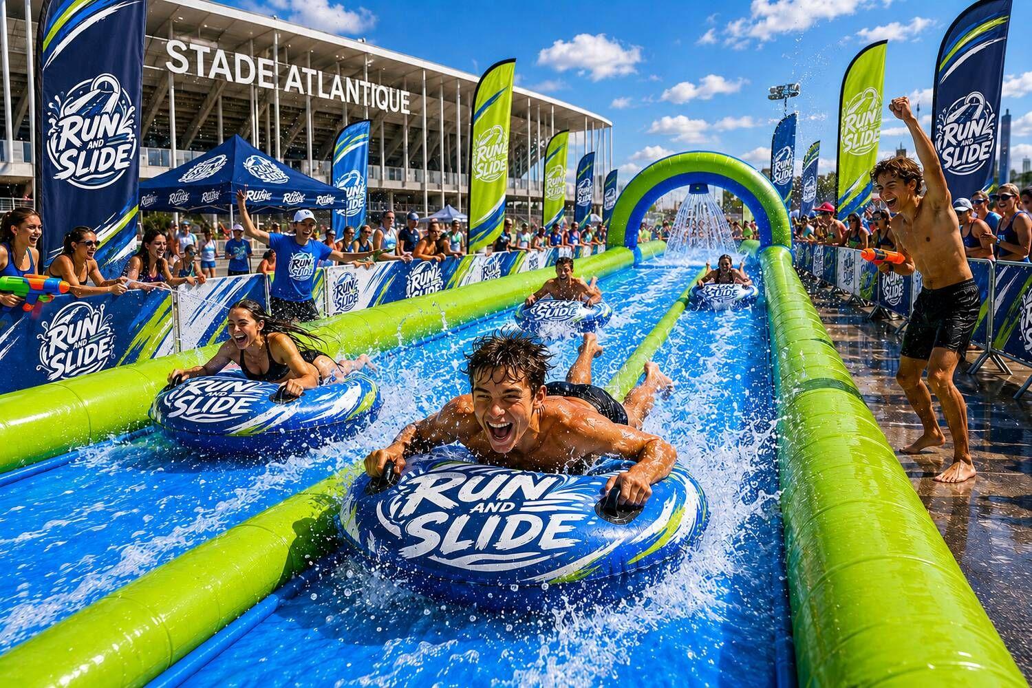 Participants sur un ventriglisse à bouées Run and Slide