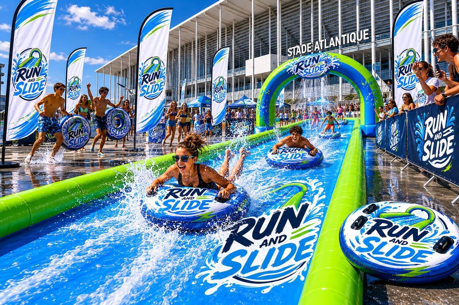 Ventriglisse Run and Slide installé devant un stade