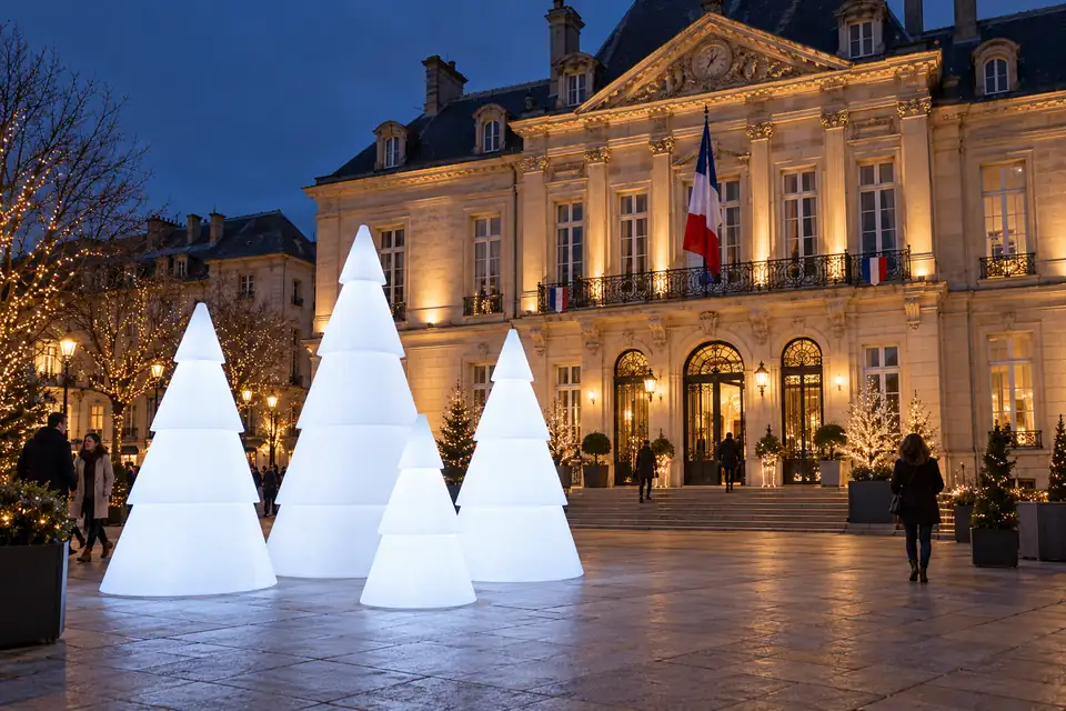 Sapins lumineux Modulo blanc froid installés devant une mairie monumentale