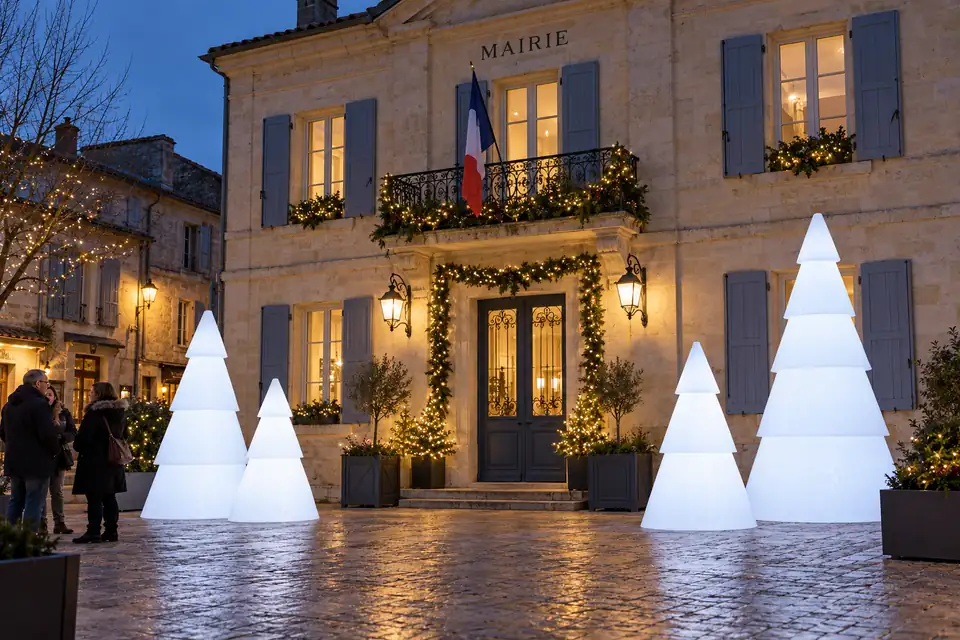 Sapins lumineux Modulo blanc froid devant une mairie en pierre décorée pour Noël