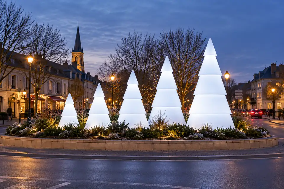 Sapins lumineux Modulo blanc froid installés sur un rond-point