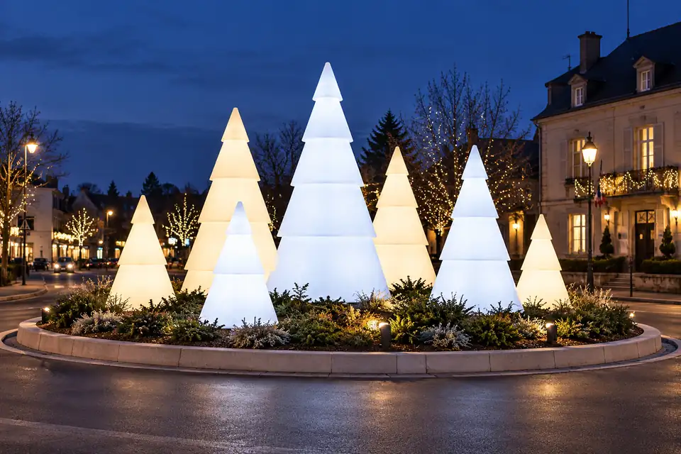 Forêt de sapins lumineux Modulo blanc chaud et blanc froid sur un rond-point