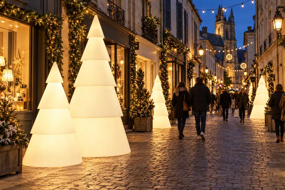Sapins lumineux Modulo blanc chaud le long d’une rue commerçante décorée pour Noël