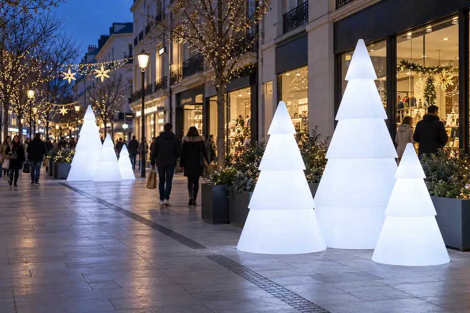 Sapins lumineux Modulo blanc froid dans une rue commerçante au crépuscule