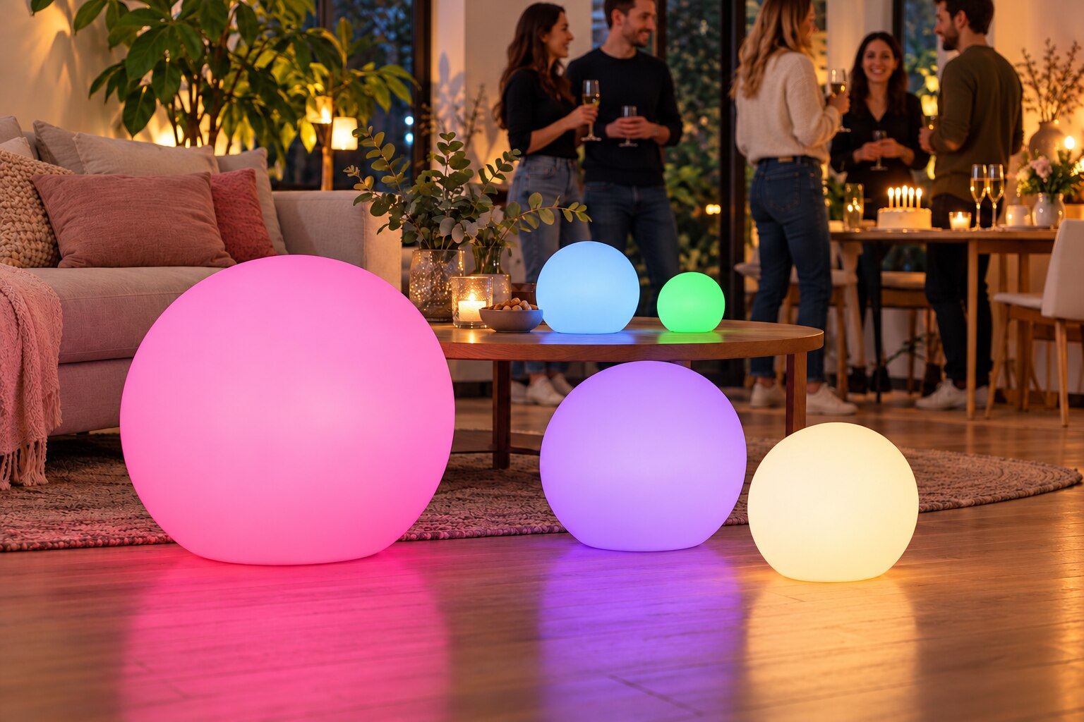 Sphères lumineuses RGB pour un anniversaire à la maison.