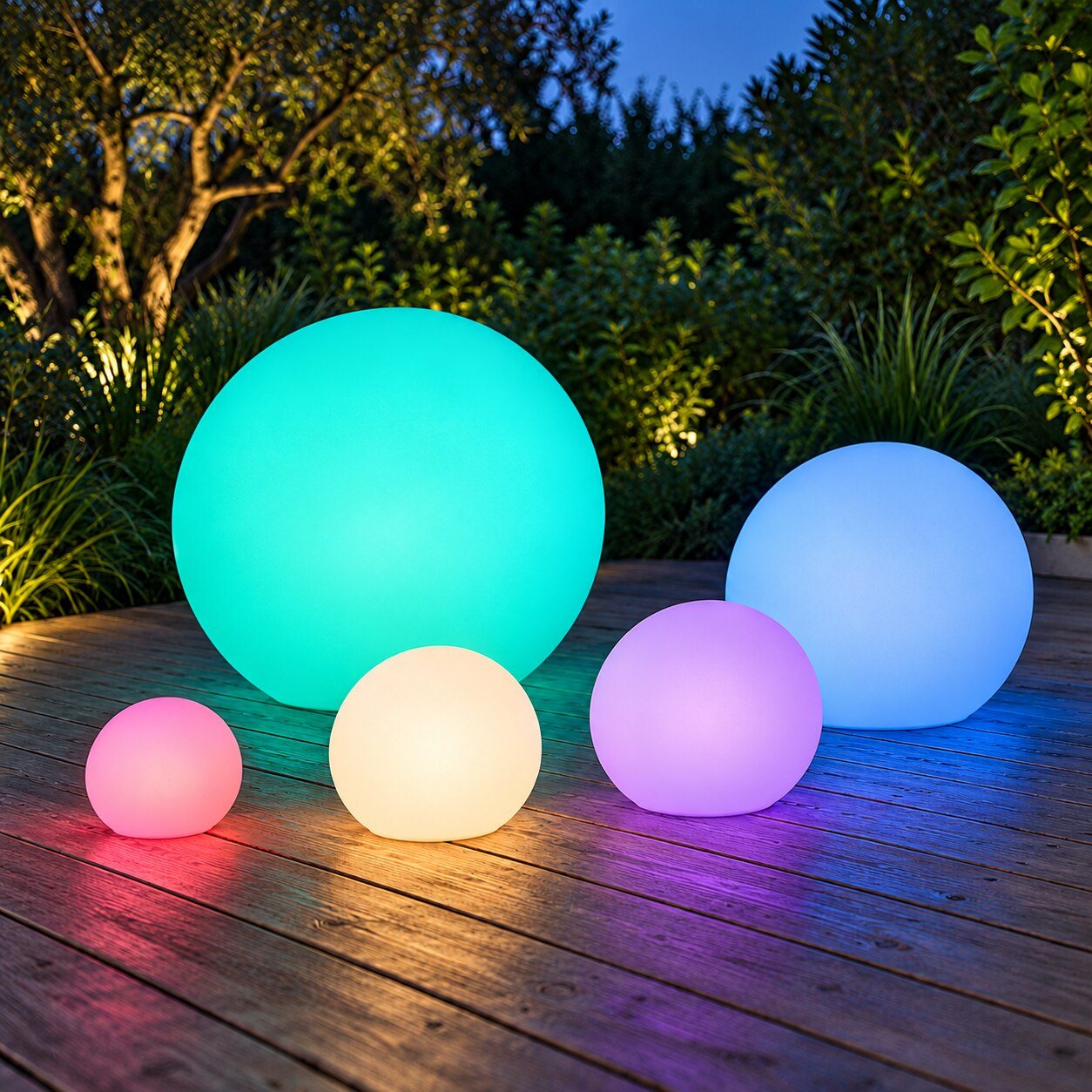 Cinq formats de sphères réunis dans une ambiance RGB.