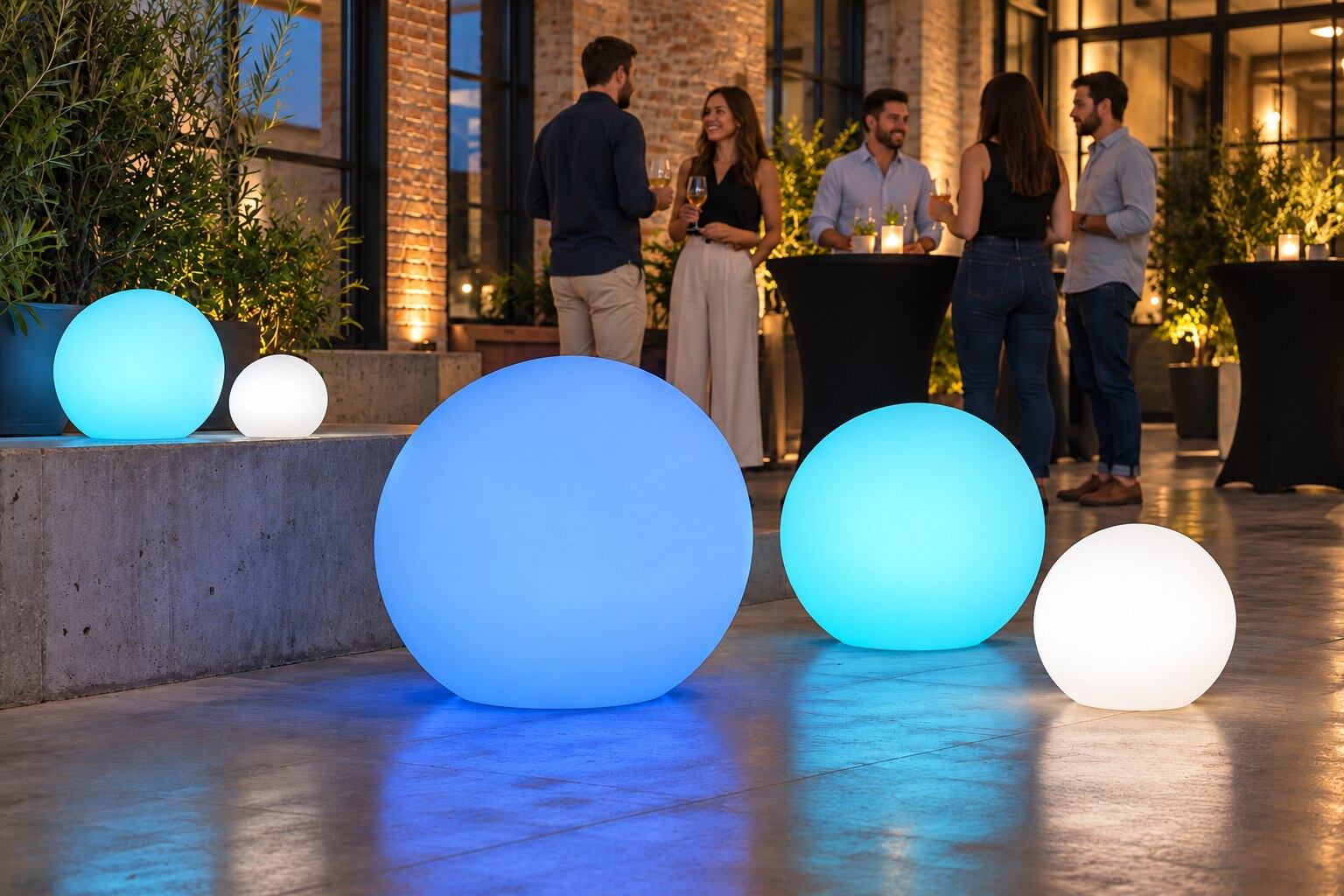 Sphères bleues et turquoise dans un loft en réception.