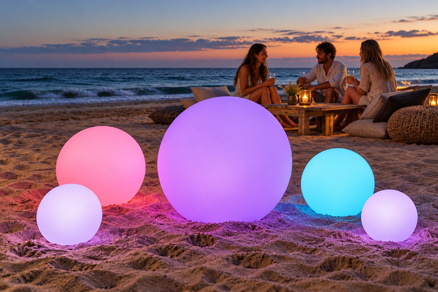 Sphères multicolores pour une réception au bord de l’océan.