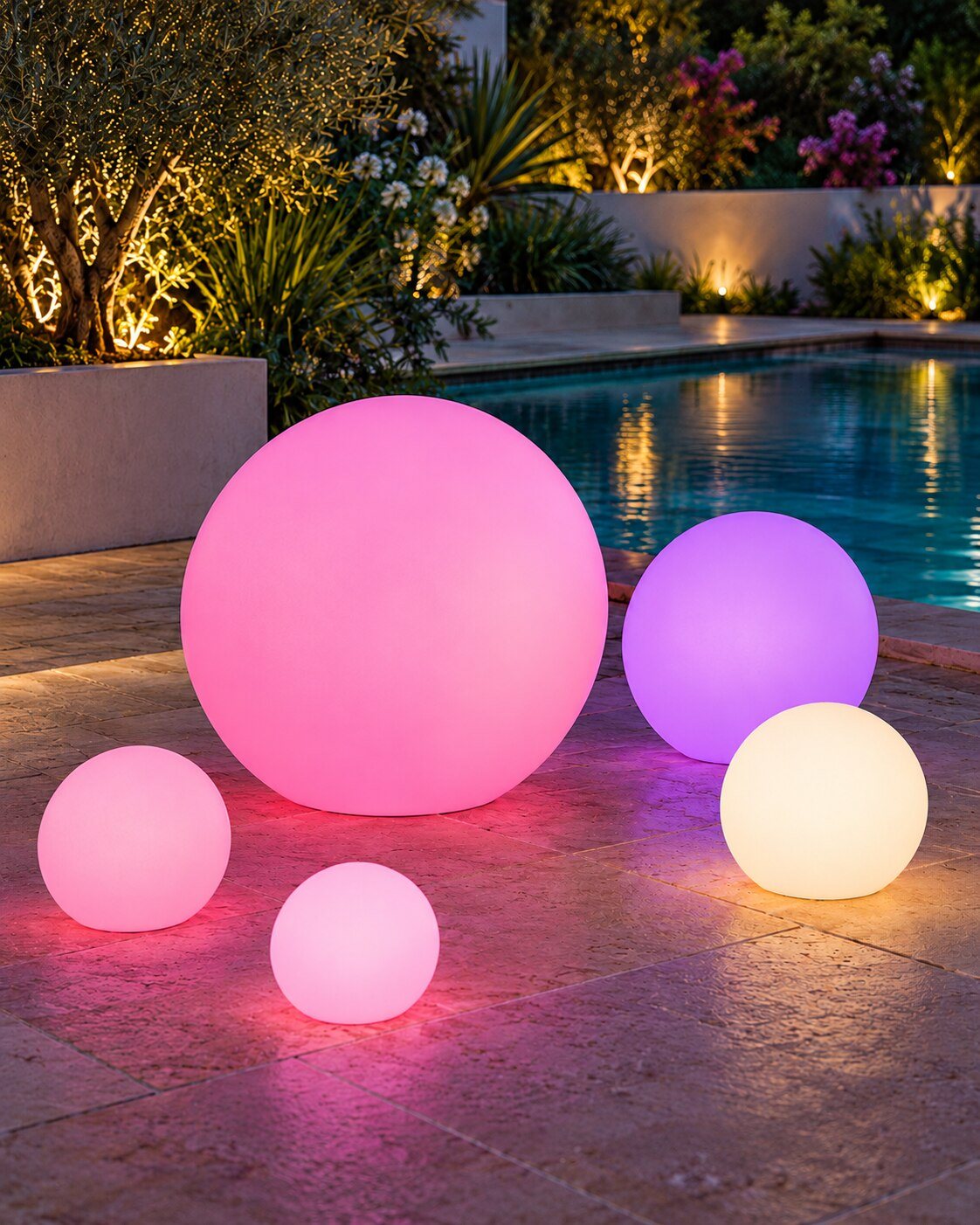 Une composition de sphères roses et violettes près de la piscine.