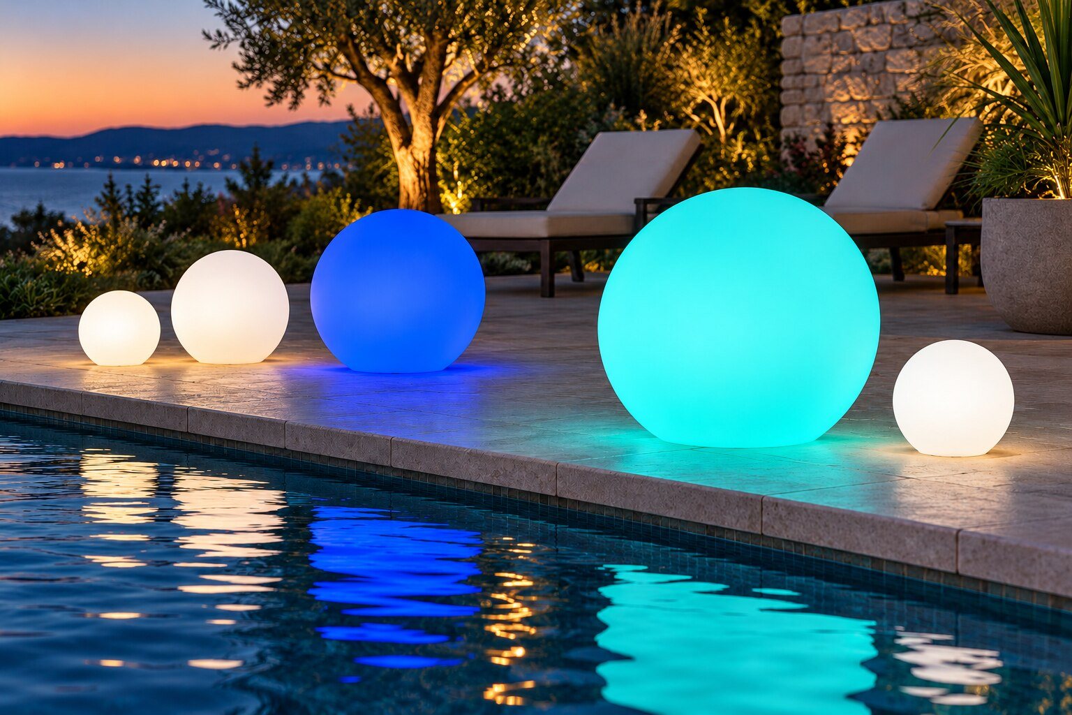Sphères bleues, turquoise et blanches au bord d’une piscine.