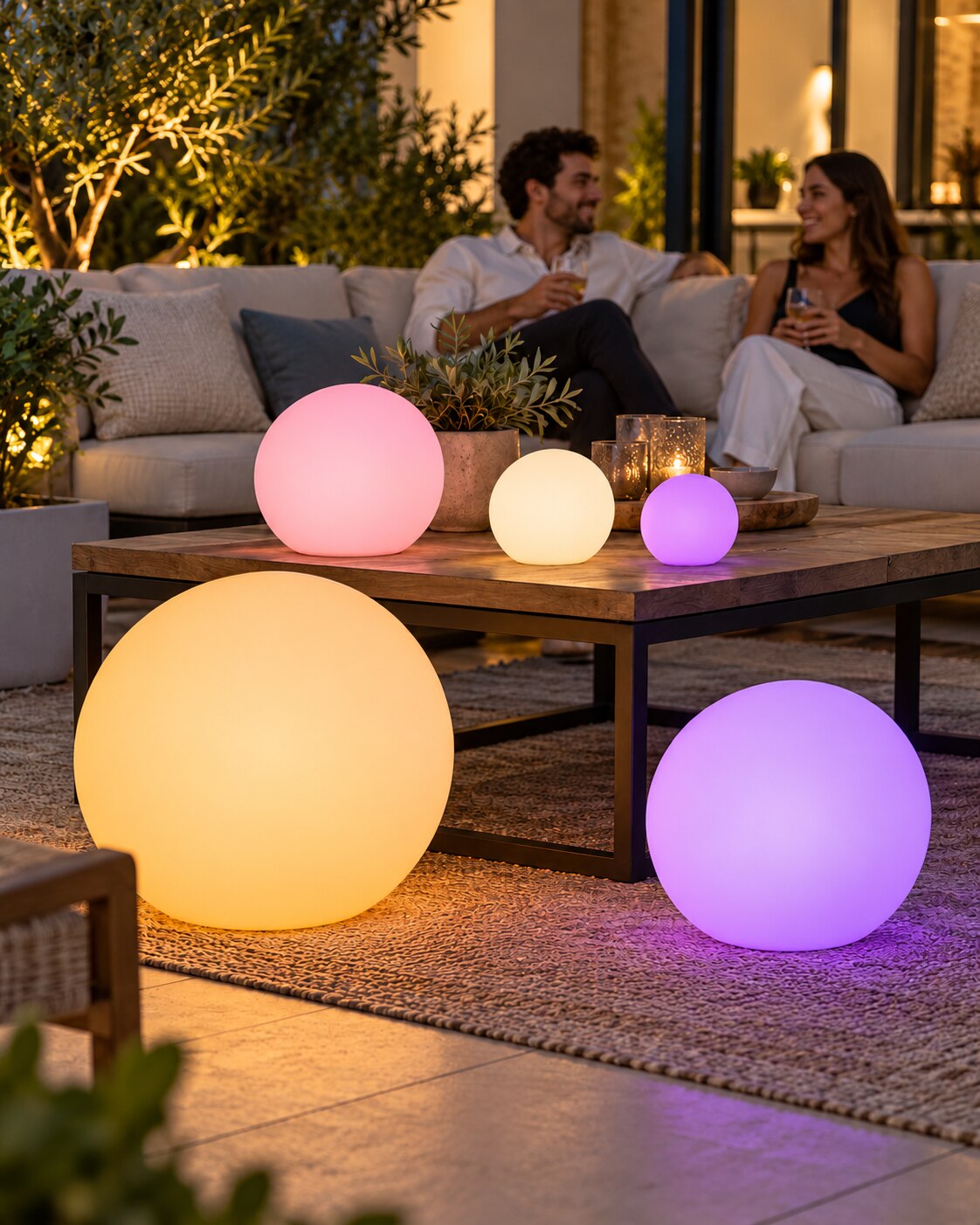 Petites sphères sur la table et grands formats au sol dans un salon.