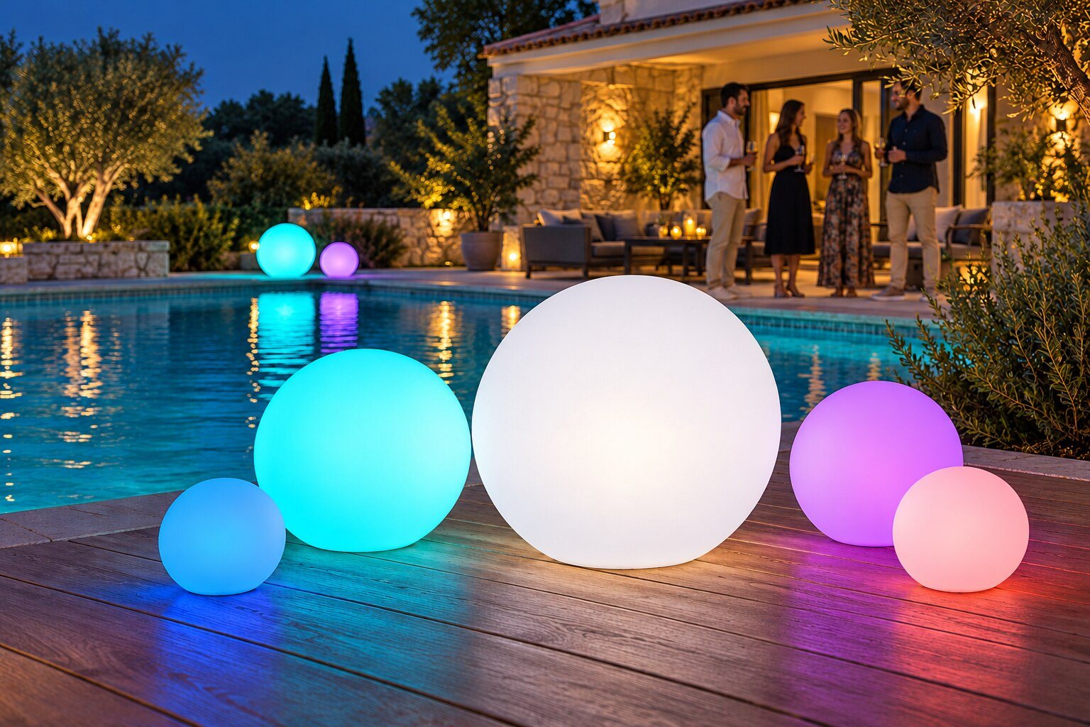 Sphères lumineuses de plusieurs tailles sur une terrasse de piscine.