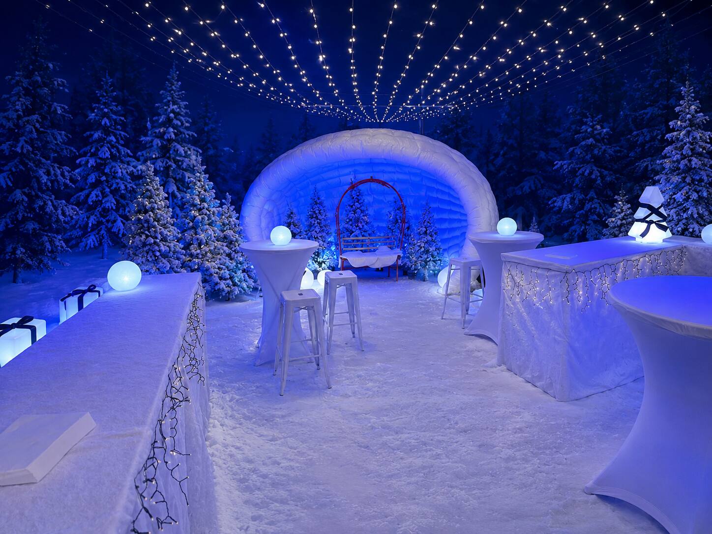Stand Luna blanc intégré dans un décor Winter Party