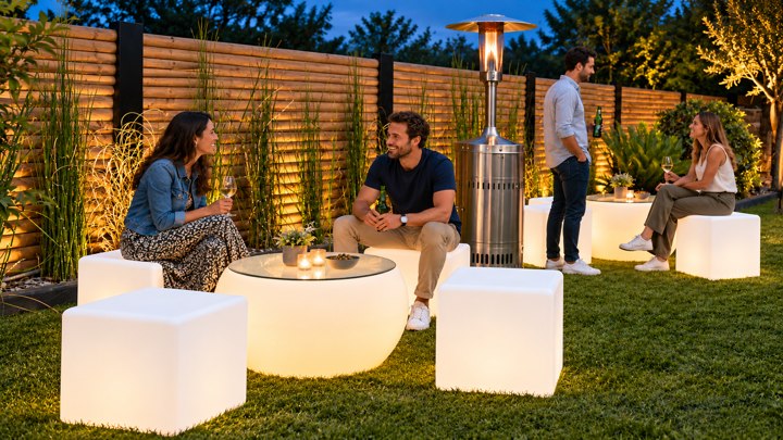 Table basse ambrée entourée de cubes et bancs blancs dans un jardin au crépuscule