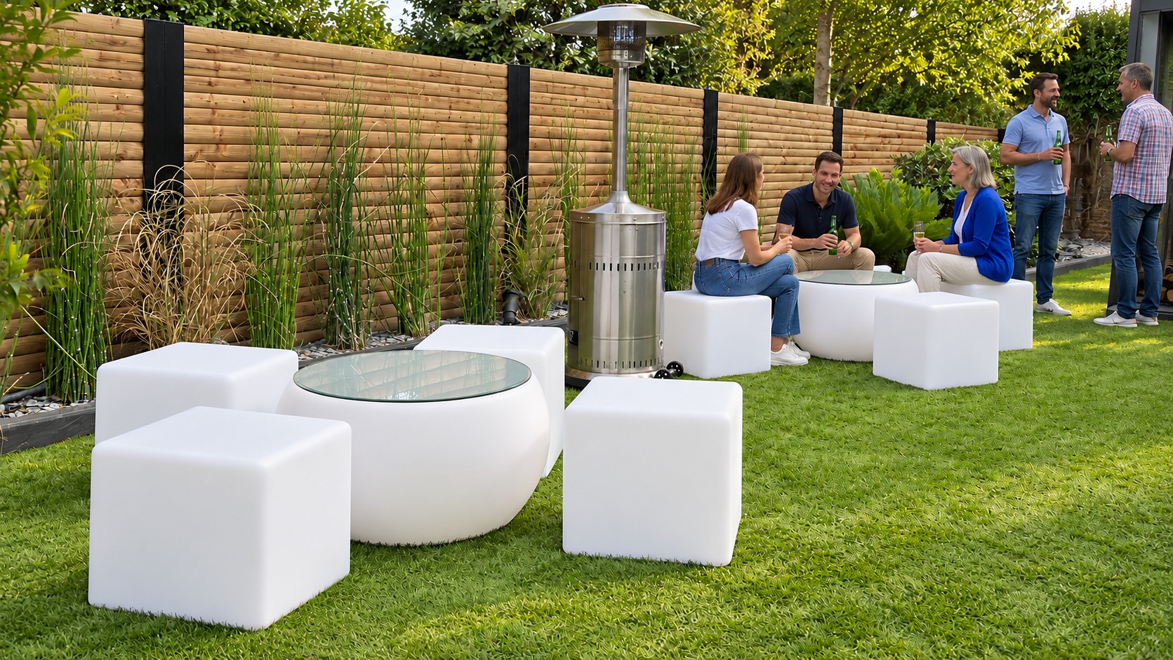 Table basse ronde blanche installée en journée dans un jardin avec des cubes blancs