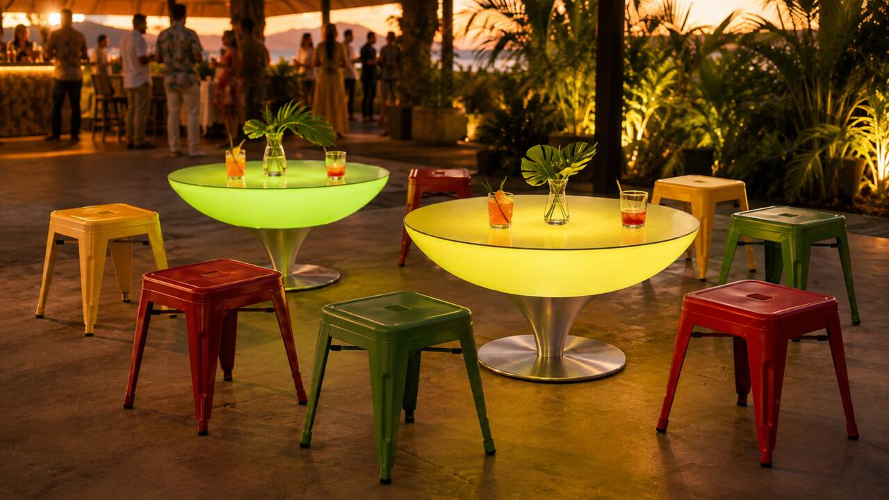 Tabourets bas acier jaunes rouges et verts dans un espace lounge