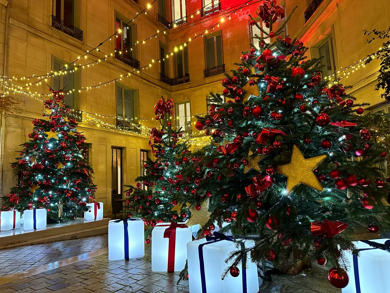 Cour décorée avec sapins et cadeaux lumineux