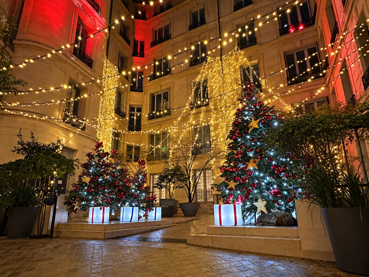 Cour intérieure décorée de guirlandes, sapins et cadeaux lumineux