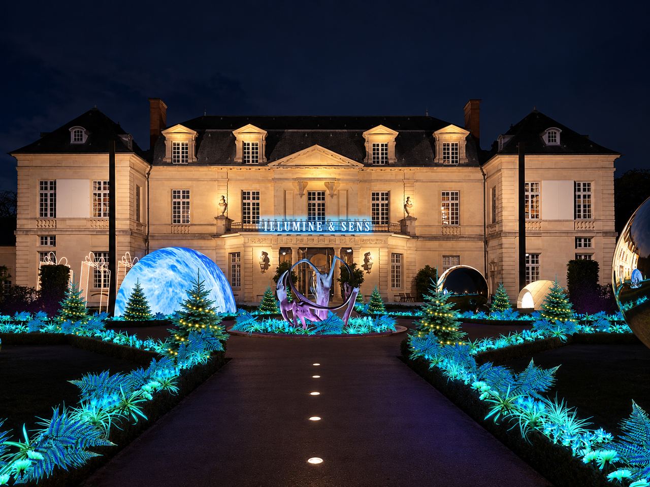 Décor hivernal et éclairage bleu devant une grande façade de nuit