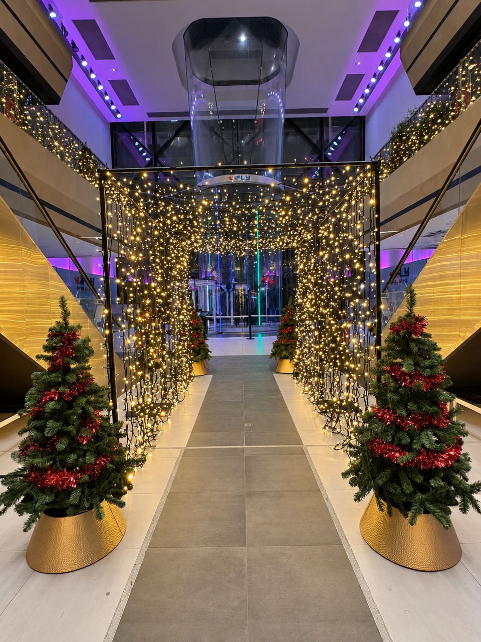 Passage décoré de guirlandes lumineuses et de sapins en intérieur