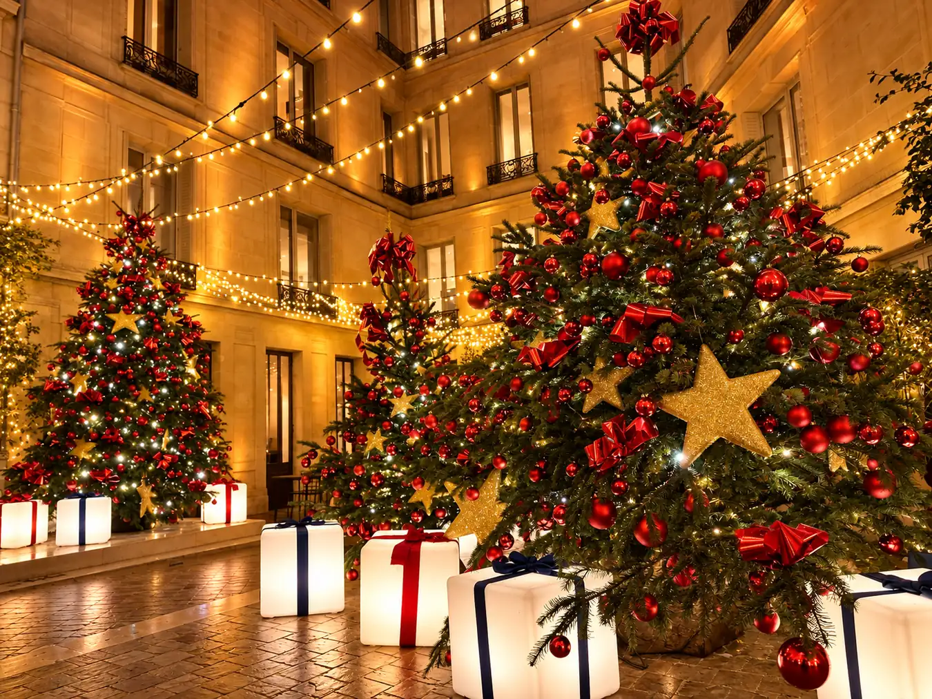 Cour intérieure décorée pour Noël avec guirlandes et sapins