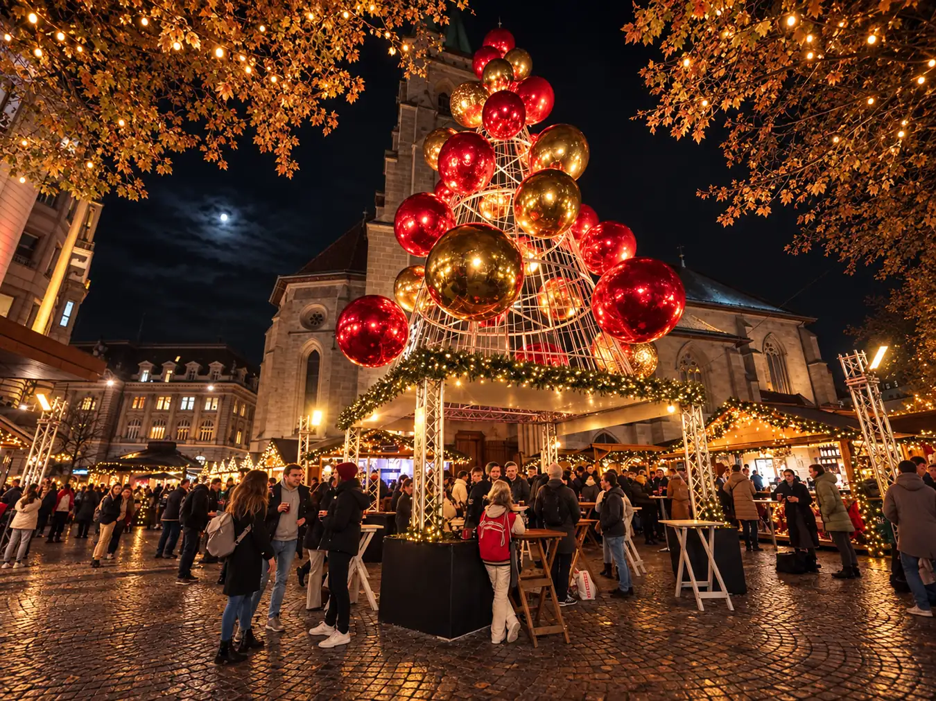 Marché de Noël avec grand sapin décoratif et foule
