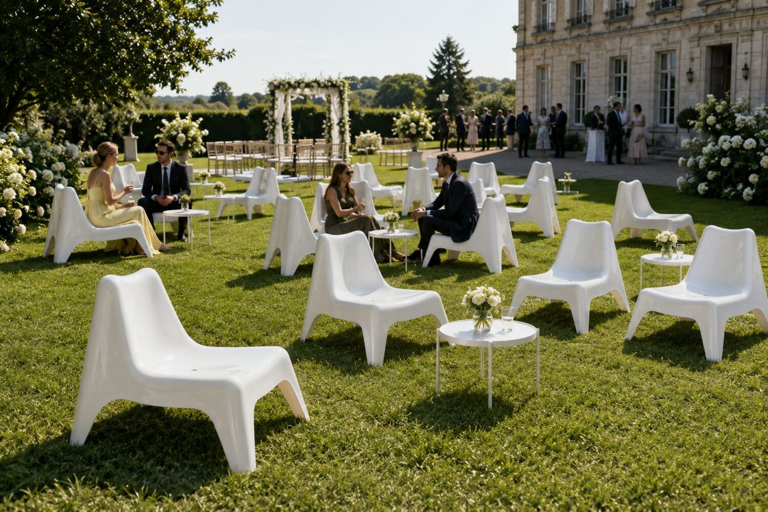Fauteuils Vago blancs dans le jardin d’un mariage