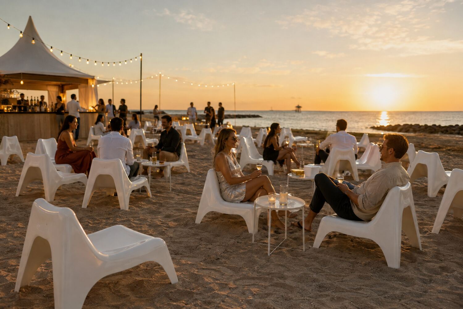 Fauteuils Vago blancs installés sur une plage au coucher du soleil
